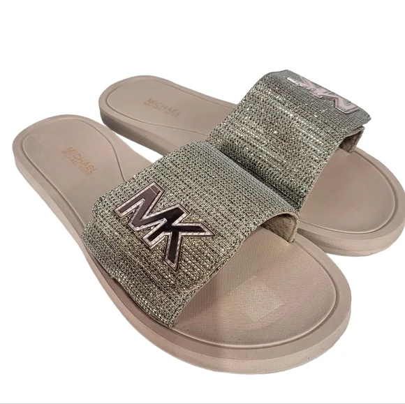 Michael Kors MK Logo Rhinestone Pool Slide Sandals White Gold - Picture 4 of 6